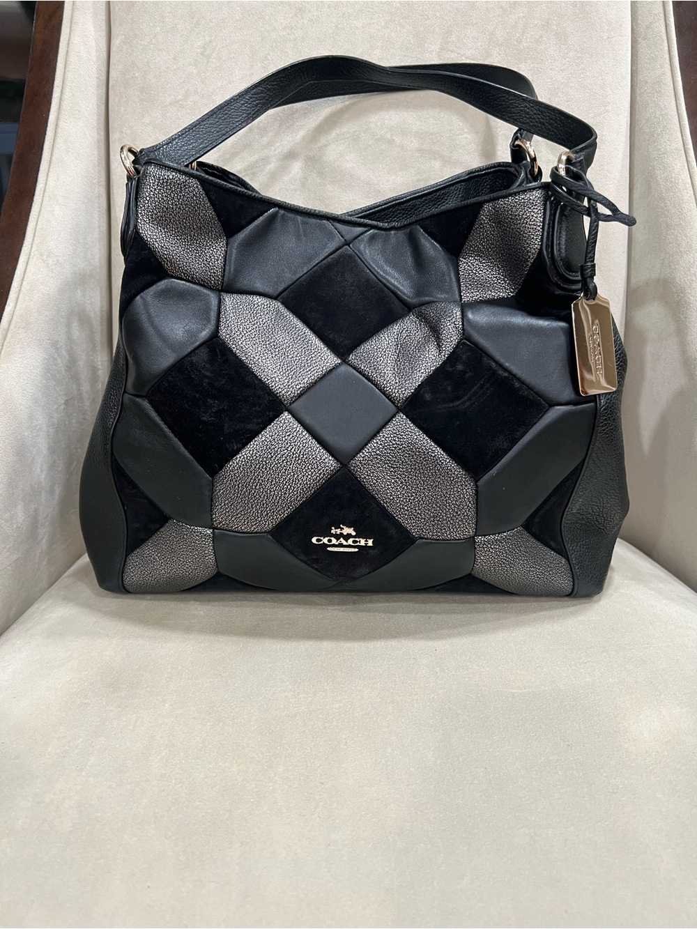 COACH Black and Metallic Patchwork Leather Shoulder Bag
